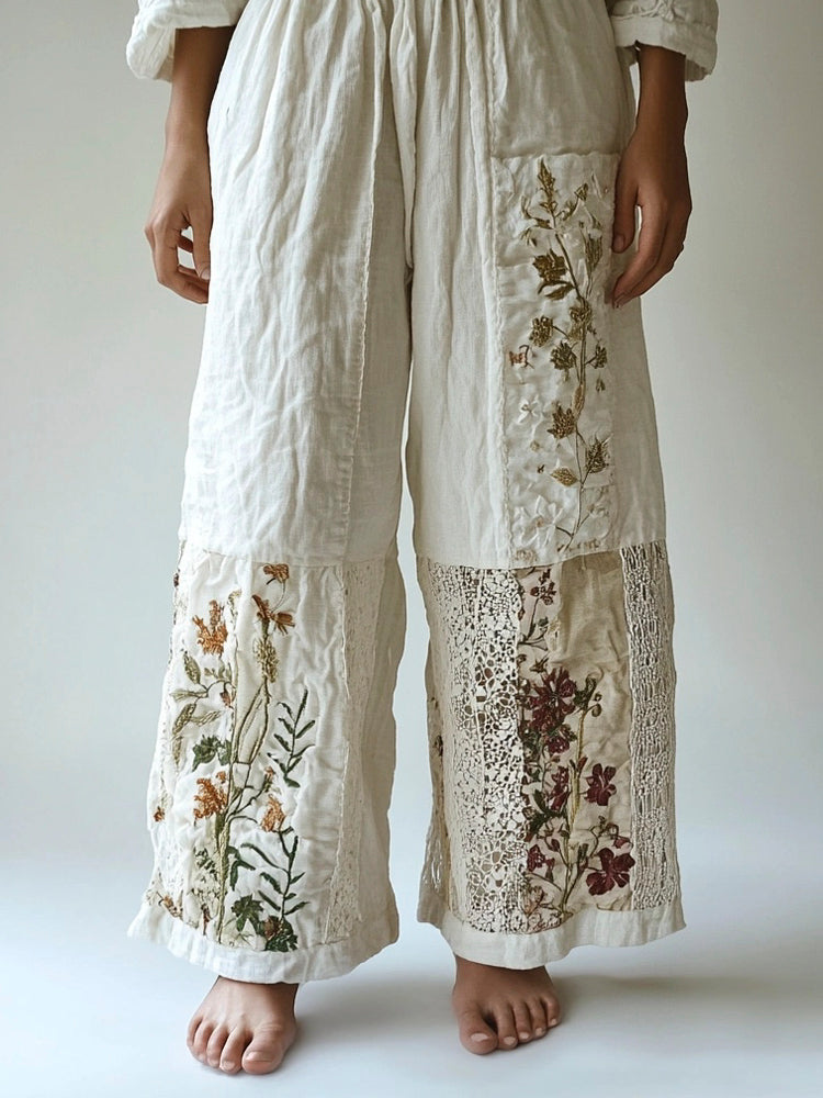 Floral Embroidery Lace Patchwork Women's Linen Pants artswardrobe
