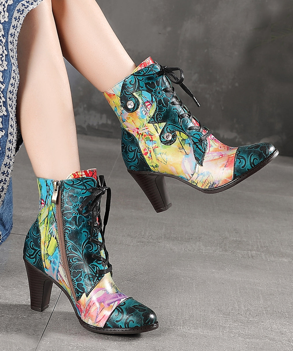 Blue Lace Up Splicing Embossed Chunky Heel Boots