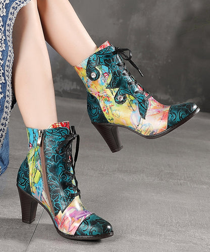 Blue Lace Up Splicing Embossed Chunky Heel Boots