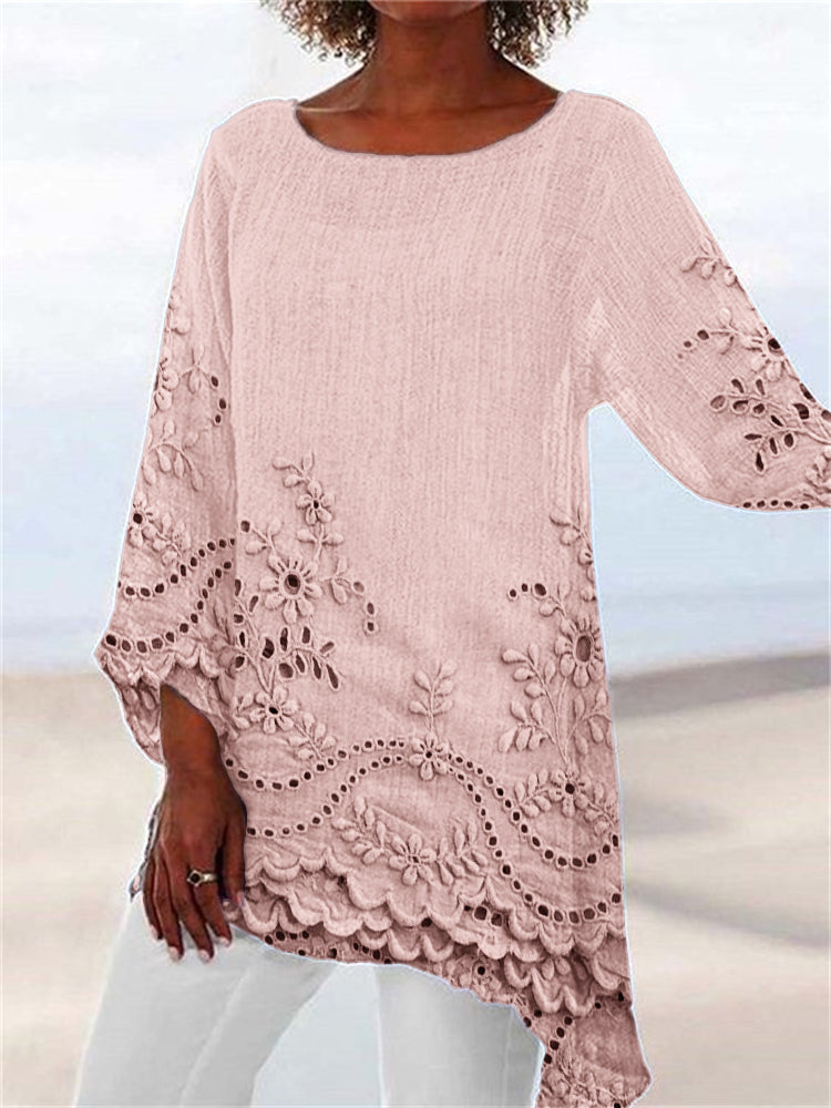 Comstylish Cottage Floral Embroidered Lace Hem Linen Blend Flowy Tunic