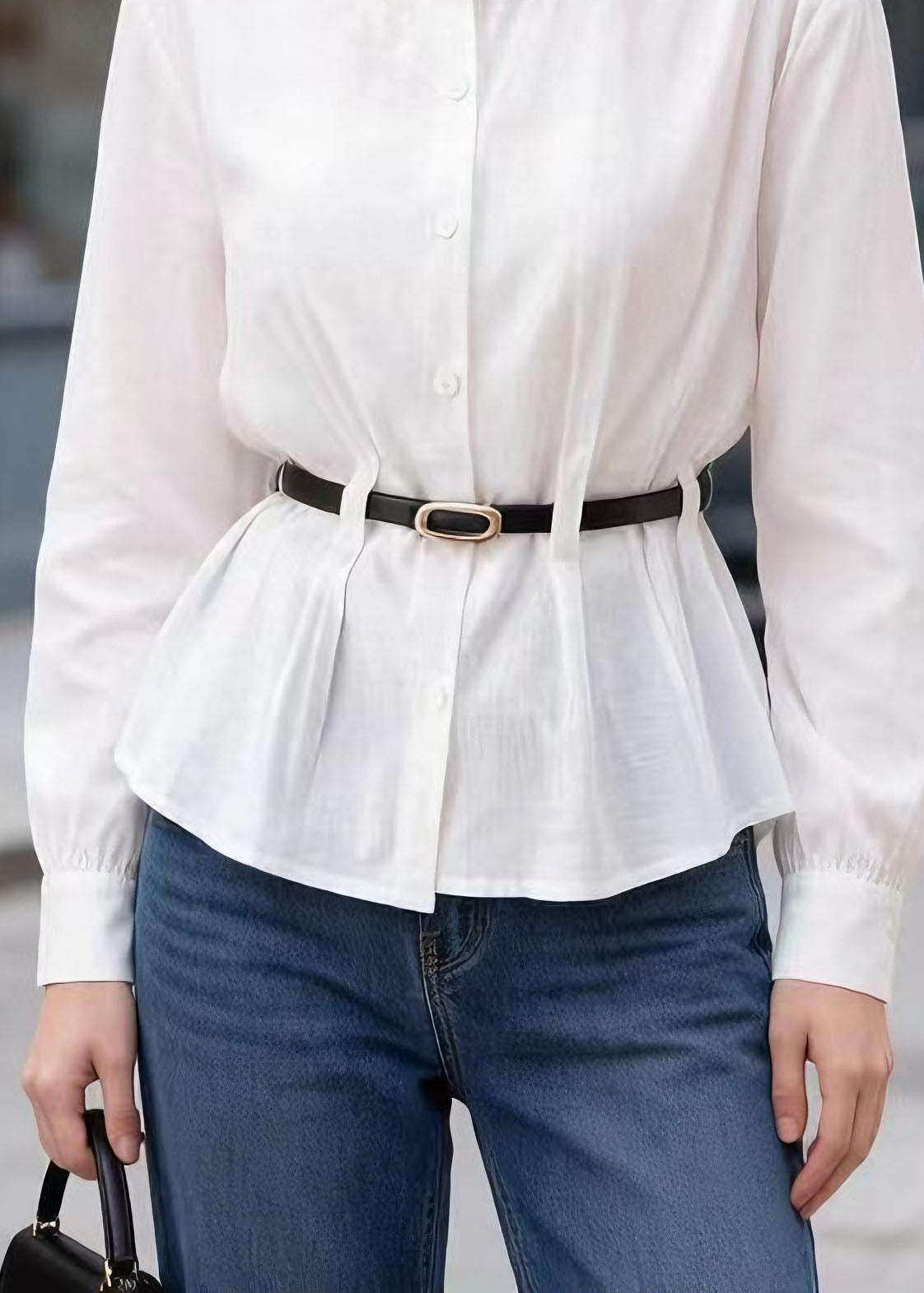 Style White O Neck Button Sashes Cotton Top Spring
