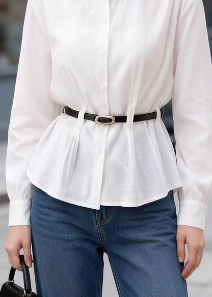Style White O Neck Button Sashes Cotton Top Spring