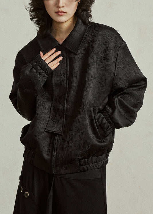 Loose Black Peter Pan Collar Zippered Silk Coats Fall