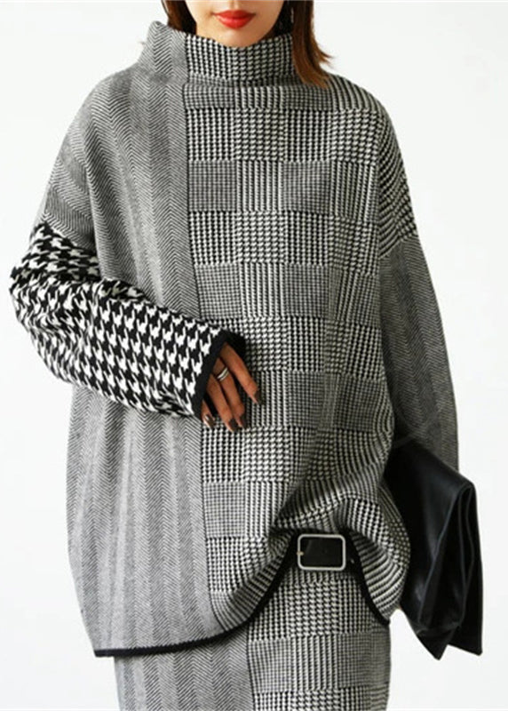 Loose Grey Plaid Knit Sweaters and Skirts Two Piece Set Outfits Fall