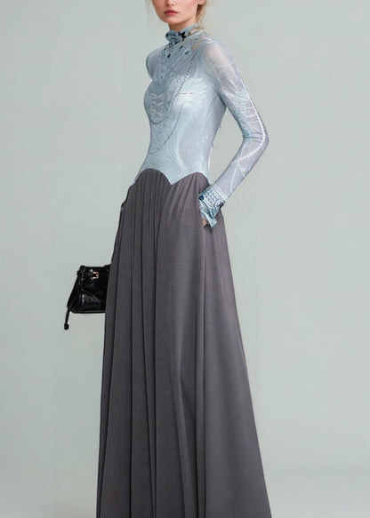 Italian Grey Lace Up Wear on Both Sides Patchwork Cotton Long Dress Fall