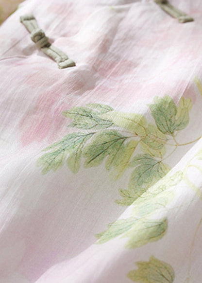 Pink O Neck Button Print Linen Shirts Bracelet Sleeve