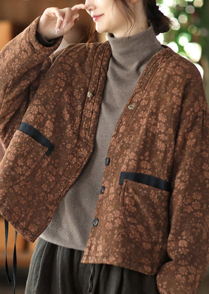 Khaki Button Pockets Patchwork Cotton Coat Fall