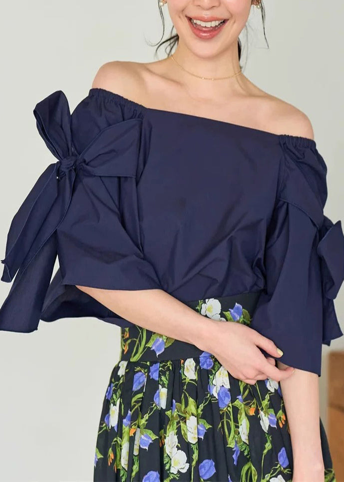 Navy Cold Shoulder Cotton Shirt Top Summer