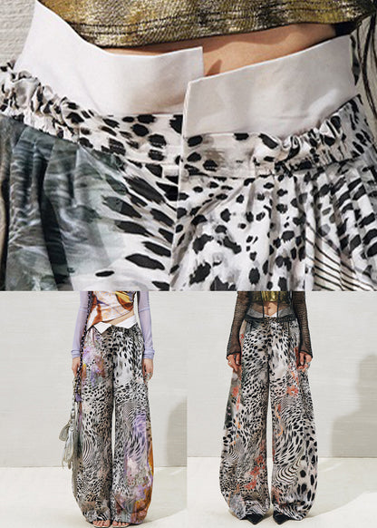 Grey Leopard Pockets Cotton Summer Pants High Waist