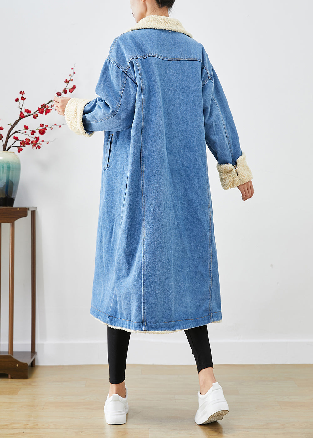 Blue Oversized Thick Fleece Wool Lined Denim Trench Coats Winter