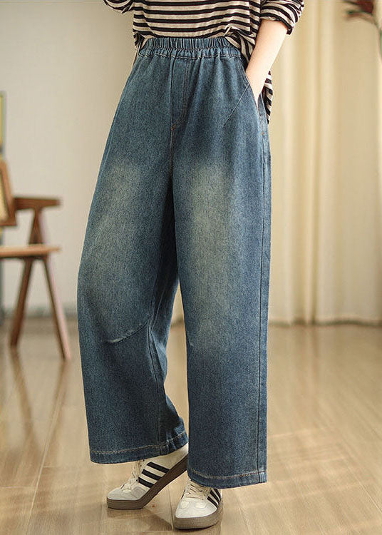 Blue Pockets Elastic Waist Denim Wide Leg Pants Spring