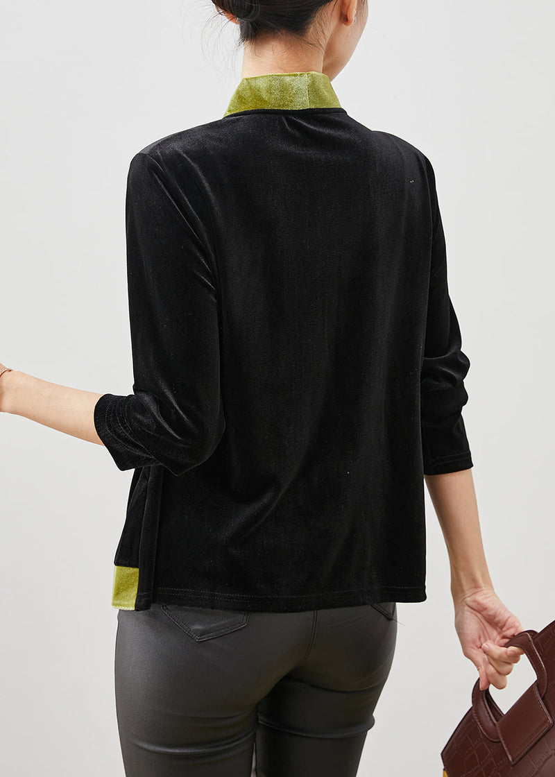Green Patchwork Oriental Silk Velour Blouses Spring