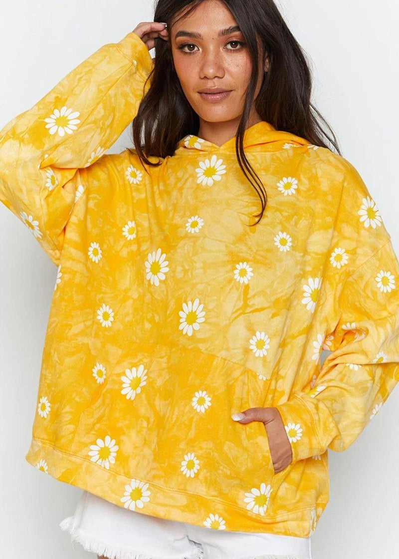Daisy Print Tie Dye Hoodies Yellow Sweatshirts