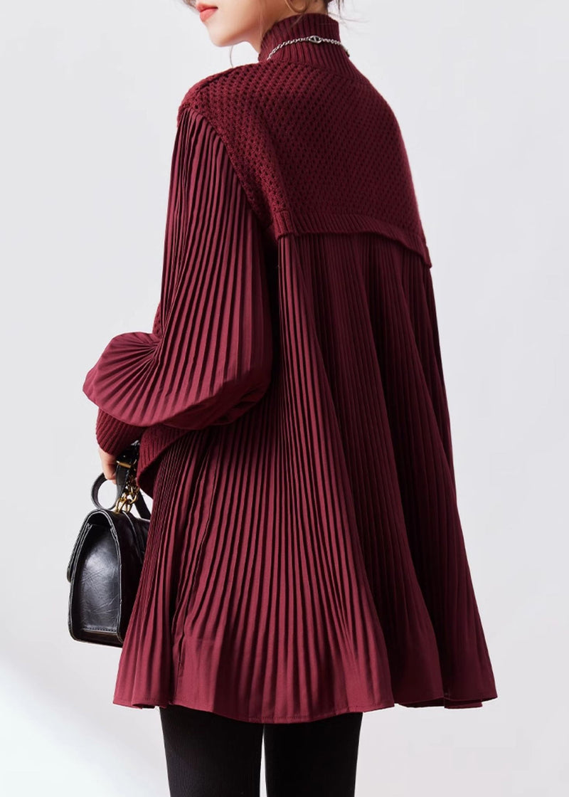 New Wine Red Half High Neck Knitted Spliced Fake Two Piece Sweater Winter