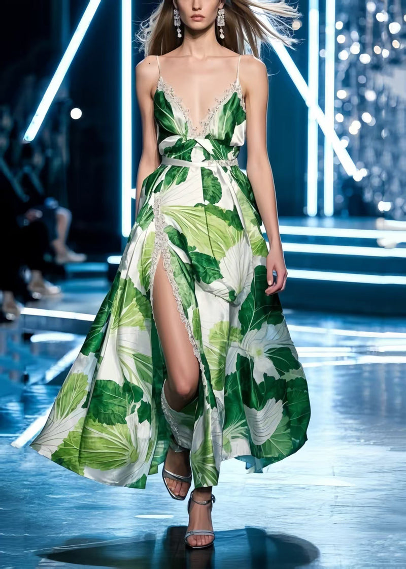 Green Print Side Open Silk Spaghetti Strap Dress Summer