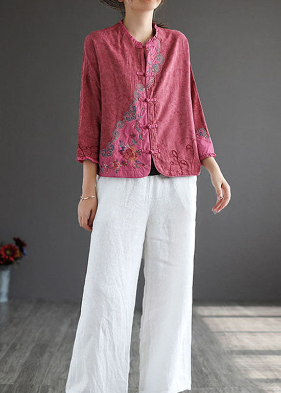 Rose Embroideried Chinese Button Patchwork Cotton Top Spring