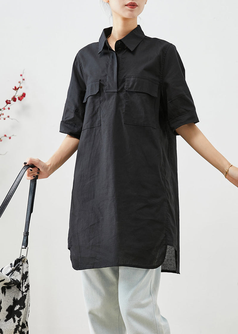 Black Peter Pan Collar Pockets Cotton Shirt Top Short Sleeve