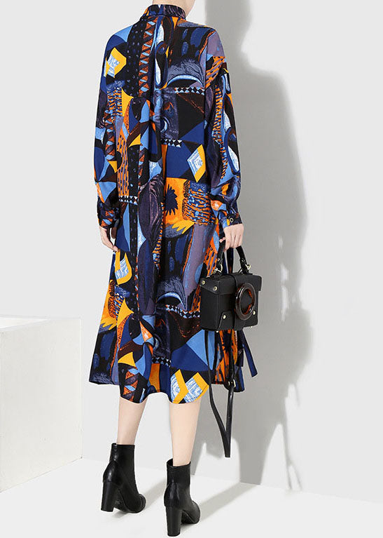 Italian Blue Button Tie Waist Peter Pan Collar Print Shirt Dresses Spring