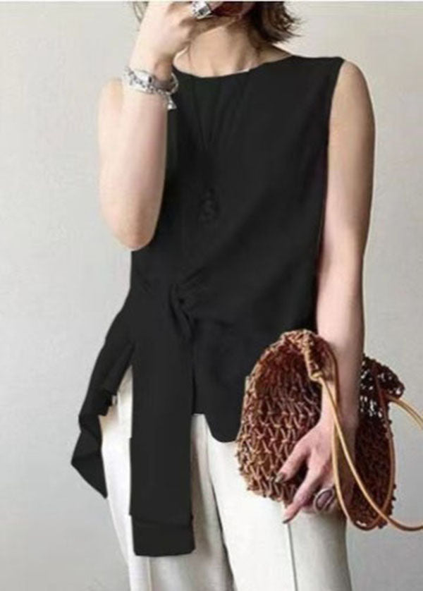Beige Asymmetrical Design Slim Fit Cotton Tops Sleeveless