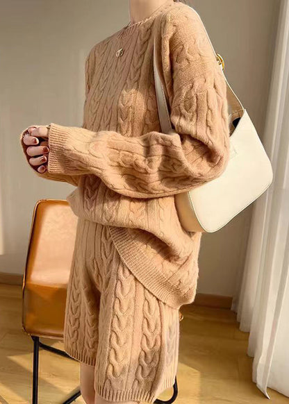 New Camel O Neck Cozy Wool Knit Two Pieces Set Winter