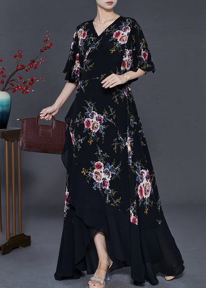 Black Asymmetrical Print Chiffon Maxi Dresses Summer