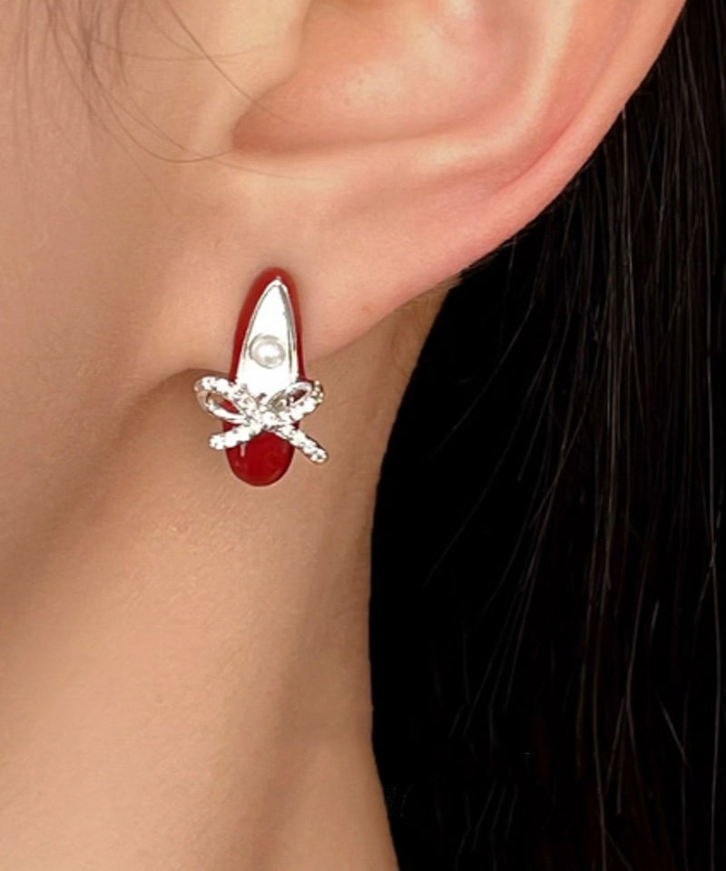 Red Copper Alloy Bow Pearl Ballet Shoes Stud Earrings