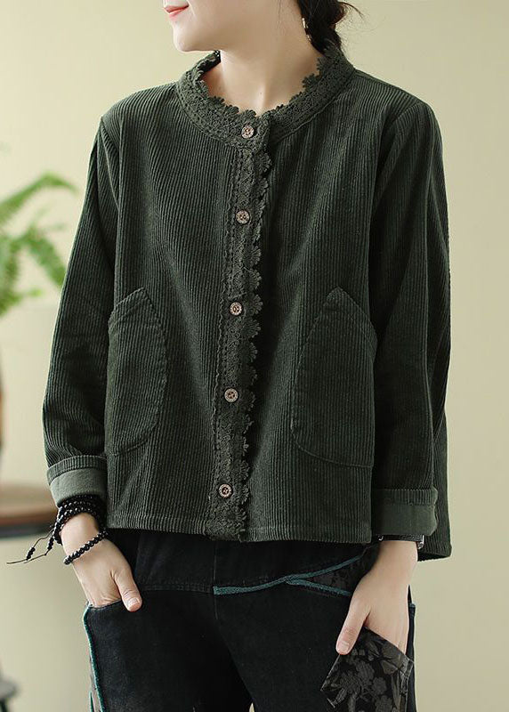 Green Pockets Patchwork Lace Corduroy Coats Long Sleeve