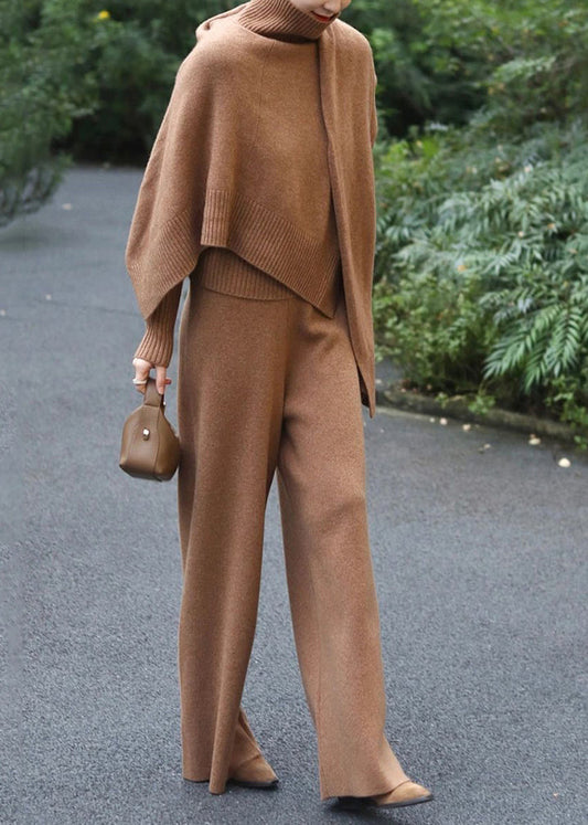 Classy Khaki Sweaters and Pants Knit Two Pieces Set Fall