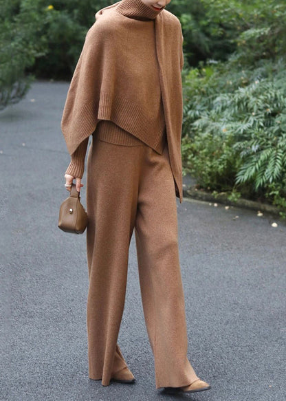 Classy Khaki Sweaters and Pants Knit Two Pieces Set Fall