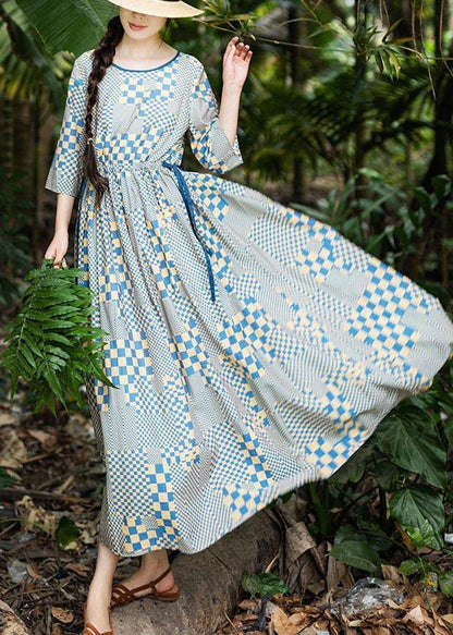 Art Yellow Blue Plaid Tie Waist Dress Summer Linen Dress