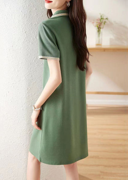 Green Peter Pan Collar Button Patchwork Cotton Dress Summer