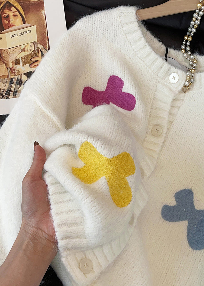 White Bow Button Cozy Wool Knit Cardigan Fall