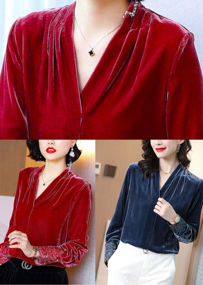Red V Neck Patchwork Silk Velour Shirt Tops Long Sleeve