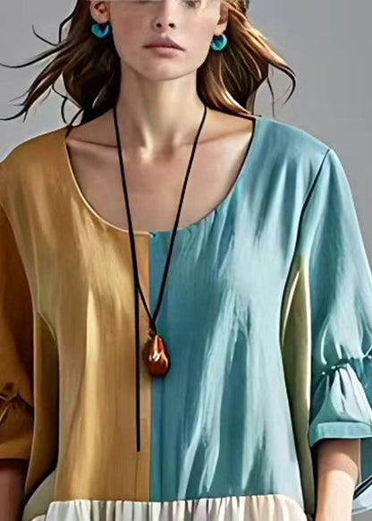 Colorblock Oversized Patchwork Cotton Pleated Dresses Summer