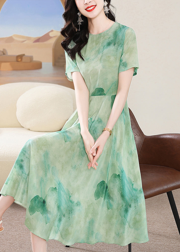 New Green O Neck Print Silk Dress Summer
