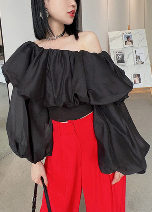 Black Cold Shoulder Wrinkled Chiffon Blouses Spring