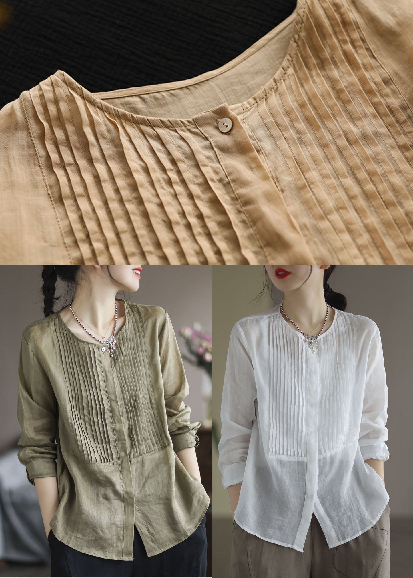 White O-neck Linen Shirt Tops Long Sleeve