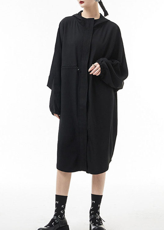 Black Zippered Hooded Drawstring Chiffon Trench Coats Spring