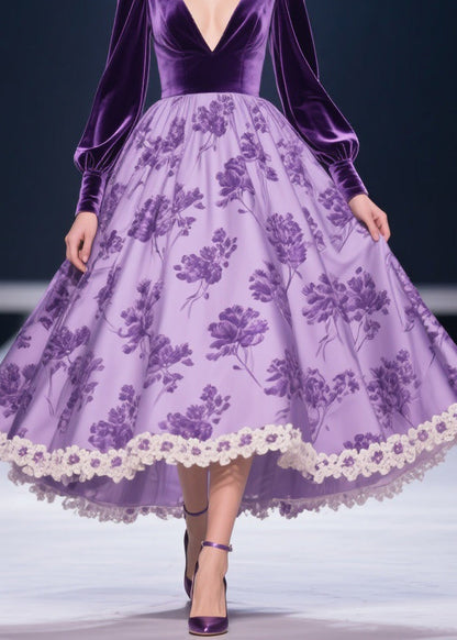 Purple Silk Velvet Patchwork Print Lace Long Dress V Neck Spring