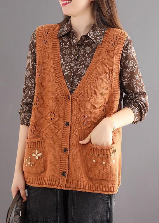 Orange V Neck Button Pockets Cotton Knit Waistcoat Sleeveless