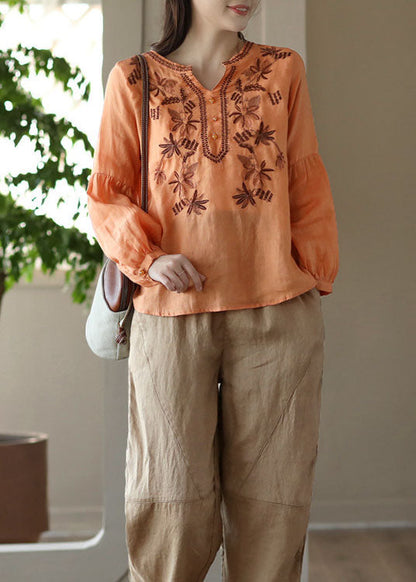 Orange Embroideried Wrinkled Patchwork Linen T Shirt Spring