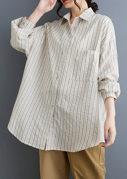 White Peter Pan Collar Striped Loose Cotton Shirt Spring