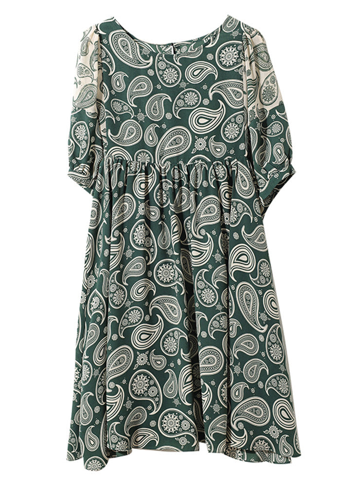 Green O-neck Print Chiffon Mid Dress Summer