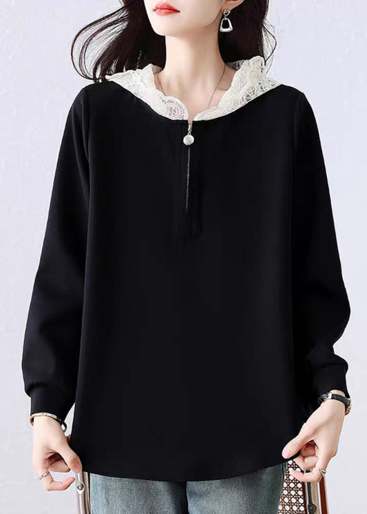 Simple Black Hooded Lace Patchwork Cotton T Shirt Fall