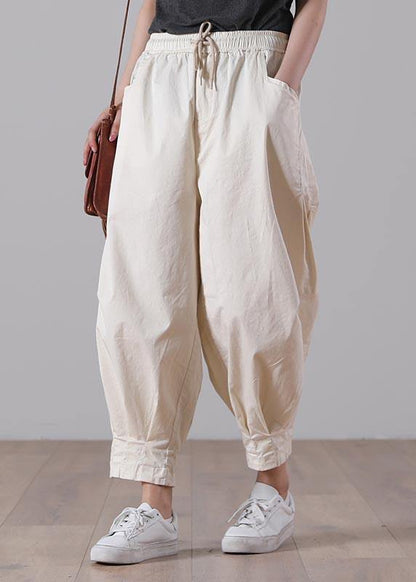 Loose Khaki Tie Waist Pockets Harem Pants Summer Cotton
