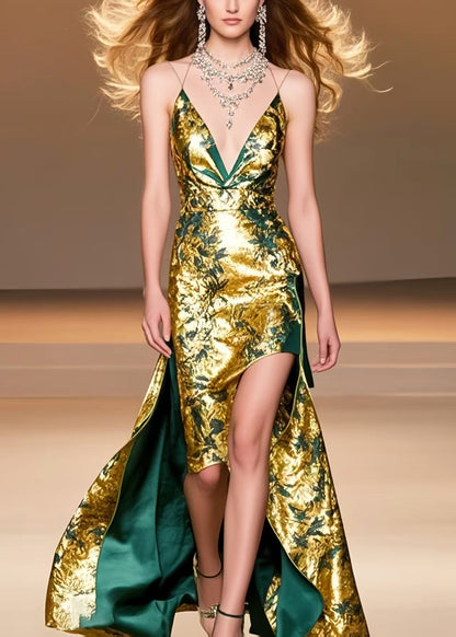 Golden Jacquard Low High Design Silk Vestidos Dress Summer