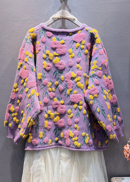 Purple Button Knit Coats Long Sleeve