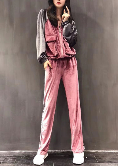 Pink Zippered Silk Velour Coats and Wide Leg Pants Two Pieces Set Long Sleeve