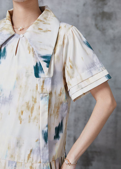 White Peter Pan Collar Tie Dye Cotton Pleated Dresses Summer