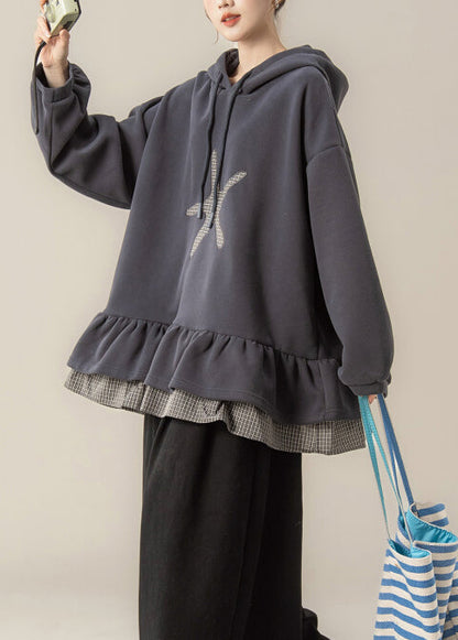 Dark Grey False Two Pieces Patchwork Hooded Cotton Sweatshirts Spring